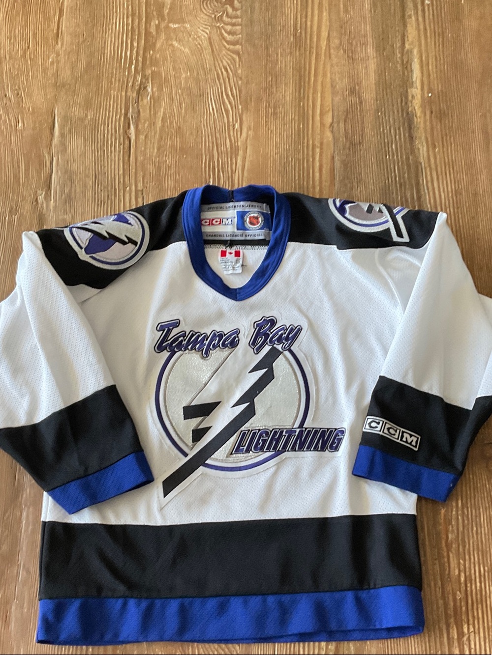 CCM White, Blue & Black Tampa Bay Hockey Jersey youth small